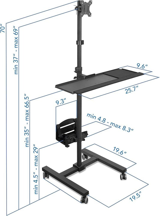 Mount-It! Rolling Computer Cart on Wheels, Mobile Desk Workstation with Monitor Mount for up to 32" Screen, Full Keyboard Tray, Floating Adjustable CPU Holder, Standing up to 70" Tall