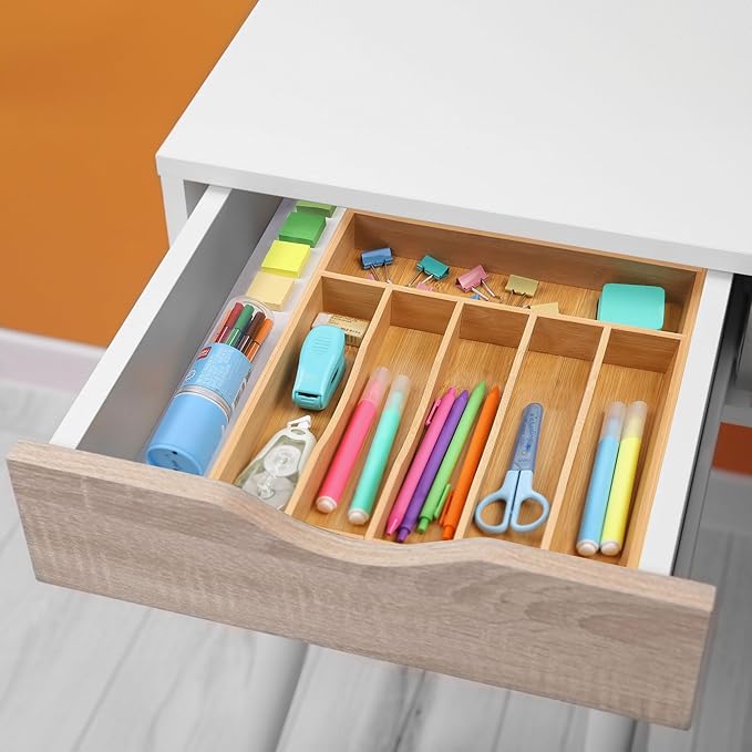 oridom Kitchen Bamboo Silverware Organizer, Kitchen Drawer Organizer - Utensil Holder and Cutlery Tray with Grooved Drawer Dividers for Flatware 7 Slot, Natural