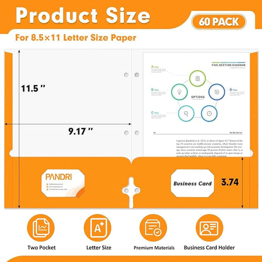 Two Pocket Portfolio Folders, PANDRI 60 Pack 3 Hole Punched 2 Pocket Folders for 3 Ring Binder, Letter Size Paper File Folder for School Office Home Business, Orange