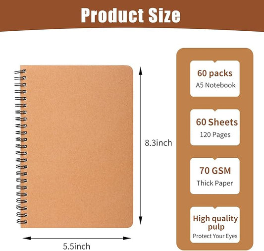 miikoul 60 Packs A5 Spiral Lined Notebooks, Kraft Paper Cover, 8.3"×5.5", 60 Sheets/120 Pages, Ruled Notebooks Bulk, Hardcover Journal Notepad Travel Notebooks for Office and Back to School Supplies