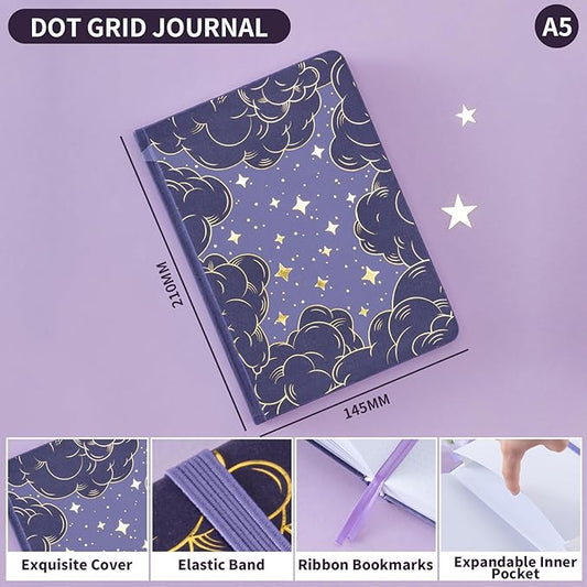 Crein Lynh Dot Grid Journal with 160GSM Thick Paper, 192 Pages, A5 Dotted Notebook for Work, School, Travel | 180° Lay Flat, Foil Stamped Cover, Elastic Band, 2 Bookmarks & Inner Pocket (Dark Purple)