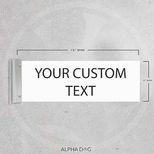 ALPHA DOG SIGNS Custom Projecting Hallway Nameplate, 4"x12" Double-Sided Business Sign, Personalized 2-Line Text, Indoor Outdoor, Easy Install, Durable, Made in USA (White)