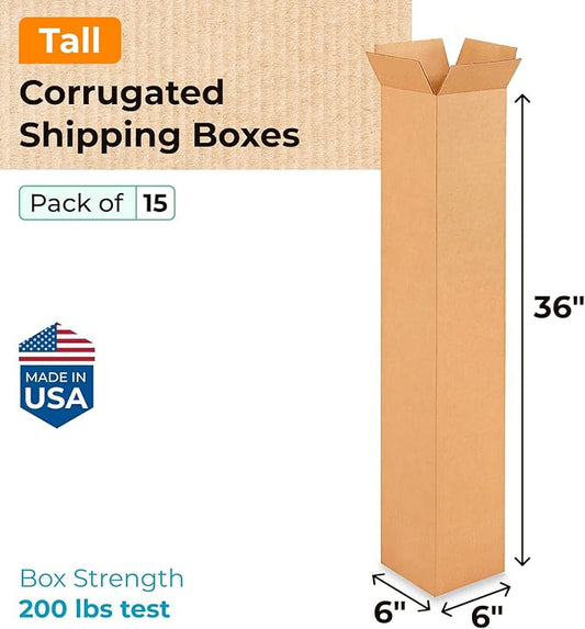 Tall Moving & Shipping Boxes 6"L x 6"W x 36"H (15-Pack) - Extra Strength 200 lb vs Regular - Corrugated Cardboard Box, Made in USA - Box for Packaging - Durable Shipping Box by IDL Packaging