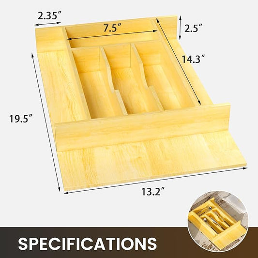 Evjocoh Silverware Drawer Organizer Wood with Adjustable Partition for Kitchen Utensil Cutlery Flatware Cabinet Storage Compartment Tray Insert with Dividers (13.2" W x 19.5" D x 2.5" H)