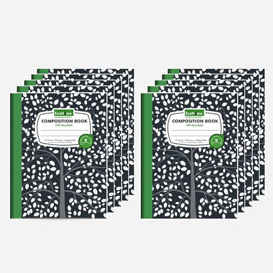 ECONAMA Composition Notebooks Pack of 10 Wide Ruled 200 Pages (100 Sheets) 9.75"x7.5" Black Marble Carbon Neutral Recyclable Paper Eco-Friendly School & Office Supplies For Students and Professionals