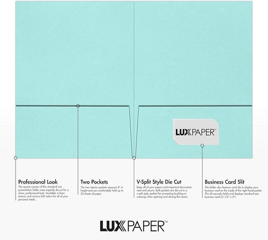 LUXPaper 9" x 12" Presentation Folders | Two Pocket | Seafoam Blue | 100lb. Cover | 10 Qty