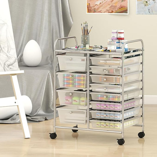 Giantex 12 Drawer Rolling Cart with Drawers, Storage Organizer Cart for Classroom Office School Teacher, Mobile Drawer Cart for Tools, Crafts, Small Printer, Clear