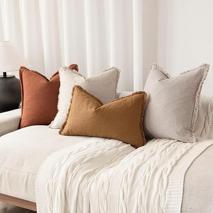 Foindtower Set of 2 Decorative Linen Fringe Throw Pillow Covers... (Orange, 12..