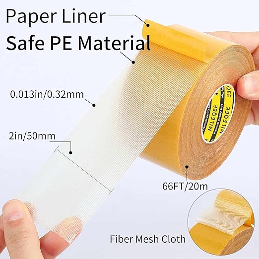 MILEQEE Double Sided Tape Heavy Duty, 2" x 66FT(20m), Universal High Tack Strong Wall Adhesive with Fiberglass Mesh, Super Sticky Resistente Clear Tape, Easy Use Mounting Tape for Home Office School