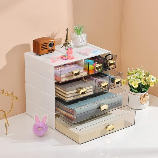 OSteed Spacious Desktop Storage Box, 2 Large Storage Drawers, Stackable Office Desk Drawer Organizer and Accessories, Printer Paper Organizer, White Plastic Drawers for Workspace