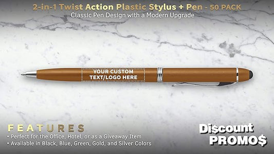 DISCOUNT PROMOS Custom Twist Action Plastic Stylus Pens, Set of 50, Personalized Bulk Pack - Pens for Work, Cool Pens for Writing, Black Ink - Gold