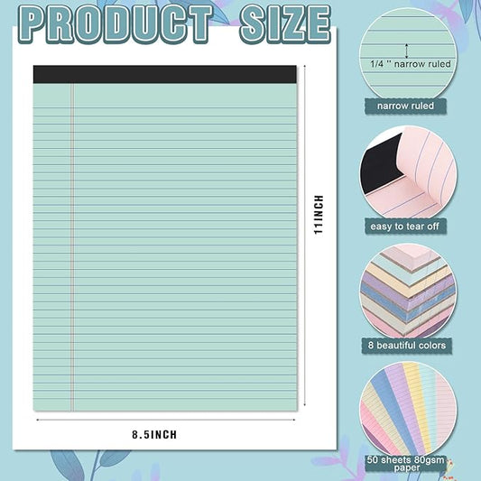 Fuutreo 8 Pcs 8.5'' x 11'' Colored Legal Pad Writing Pads Narrow Ruled 50 Sheets Per Notepad Perforated Writing Notepad Office Supplies for College Office Business (Childlike Color)