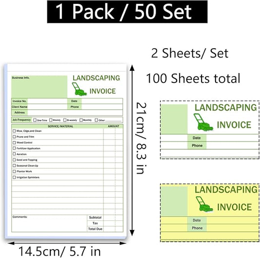 Garden Service Invoice Receipt Book, 2-Part Carbonless Landscaping Invoice Book for Small Business, 5.7 x 8.3 in, 50 Sets (White & Yellow), Lawn Care & Gardening Work Order Forms