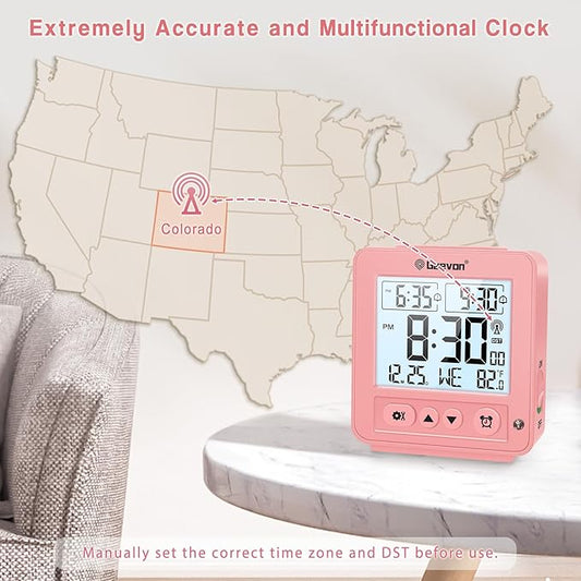 Geevon Small Digital Atomic Alarm Clock for Bedroom, Travel Table Clock with Auto/8s Backlight, 2 Alarm, Temperature, Desk Clock Battery Operated for Deep Sleepers Kids Elderly Home Office, Pink