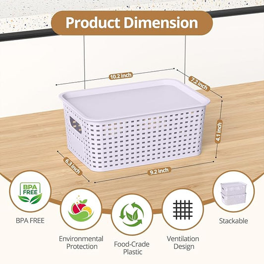 ZFTMRR Plastic Storage Basket with Lid, Stackable Small Box Bins for Organizing and Containers for Shelves Drawers Desktop Closet Playroom Pantry Classroom Office Home, 8 Pack 10.2"x7.2"x4.1" Lavender