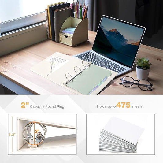 Ospelelf Leather Mini Binder Vintage Hardcover 2 Inch Rings, Professional Small 3 Ring Binders Organizer Suitable for 5.5" x 8.5" Documents, Binder Dividers with Tabs, Beige