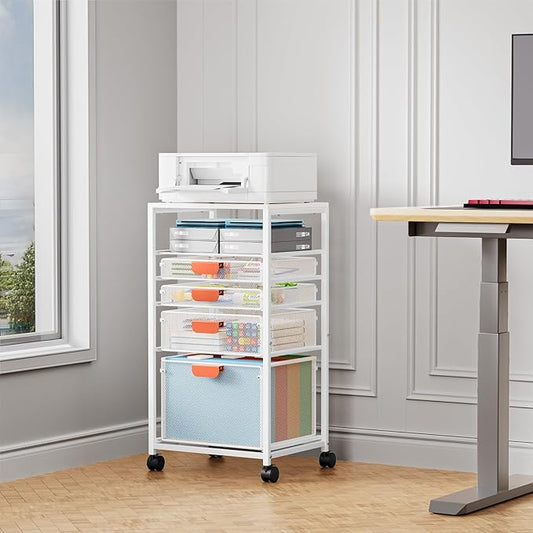 Marbrasse Rolling File Cart with 4 Storage Drawers, Mobile File Cabinet on Lockable Wheels, Hanging Filing Cabinet Organize, Under Desk Utility Cart for Home Office - White