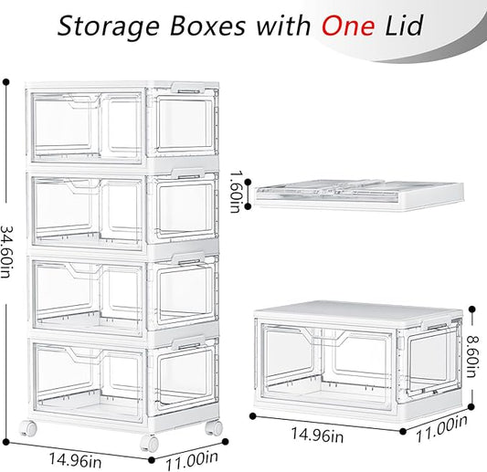 SNSLXH Portable Clear Storage Bins with Lids & Wheels, 24QT Clear Storage Bins with Lids, 4-Tier Plastic Bins with Wheels, Stackable, Magnetic Doors, for Bedroom, Living Room, Office