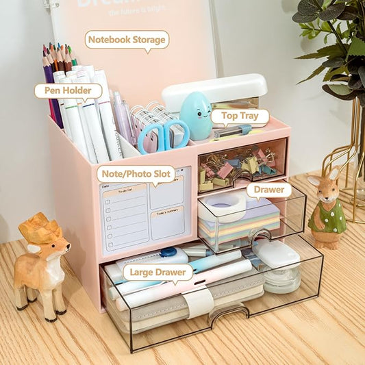 QIYVLOS Multi-Function Desk Organizer — 3 Drawers, 8 Compartments, Pink