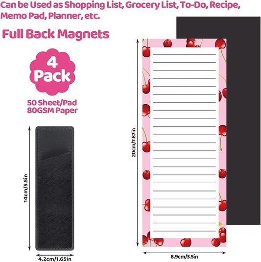 Thboxes 4 Pack Magnetic Note Pad for Fridge, Totally 200 Sheets Grocery List Magnet Pad for Refrigerator Magnetic Shopping List Pad with Pen Holder(Fruit Design)