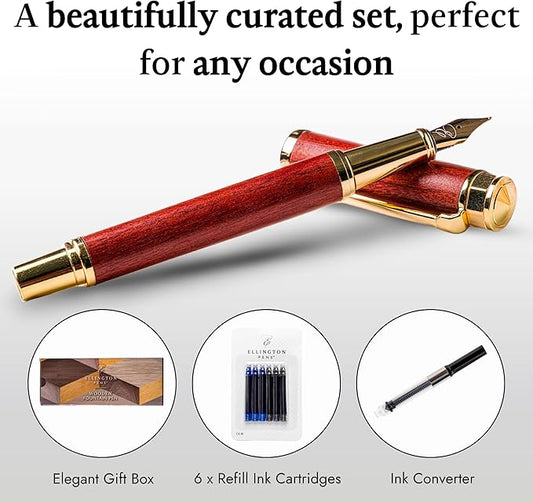 Ellington Pens Luxury Wood Fountain Pen Set – Fine Nib - Includes 6 Ink Cartridges, Wooden Pen Gift Box, Ink Converter - Wood Pen For Writing, Calligraphy, Journaling, Drawing (Rosewood Radiance)