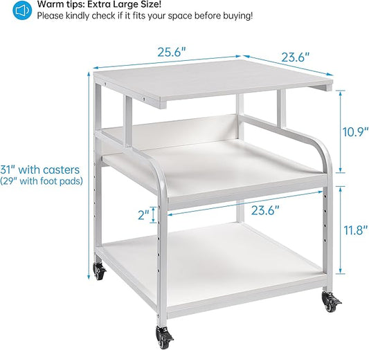 Fannova Printer Stand, 25.6" x 23.6" x 30.9" Extra Large Printer Table with Adjustable Storage Shelf, 3 Tier Rolling Printer Cart with Industrial Wheels for Home Office, White