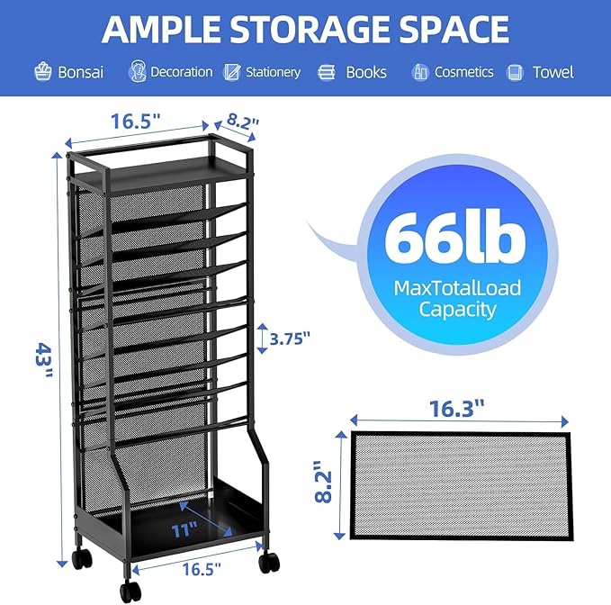 Simple Trending 10 Tier Rolling File Cart, Desk File Organizer with Wheels and Storage Drawers, Legal documents can be stored, Metal Mesh Paper Letter Storage Multi-Functional Clutter Cart, Black