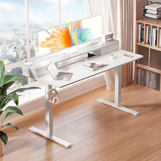 Kingant 48 x 24 Inch Electric Standing Desk with Dual Drawers, Height Adjustable Sit to Stand Computer Desk with Storage Shelf and C-Clamp Mount Compatibility for Home Office, White
