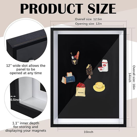 Vicenpal 1 Pcs Large Magnetic Board 16" x 12" Magnet Display Board Removable Souvenir Fridge Magnet Frames Case for Wall Dust Proof Magnetic Shadow Box for Wall Table Refrigerator (Black)