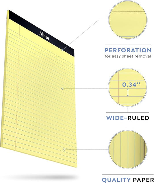 Alitte Yellow Legal Notepads 8.5 x 11, Pack of 3 - Perforated Wide Ruled Writing Pad - Premium Thick Paper, No Ink Bleeding - Blank Legal Pads For Home, Office, School, Business - 50 Sheets Per
