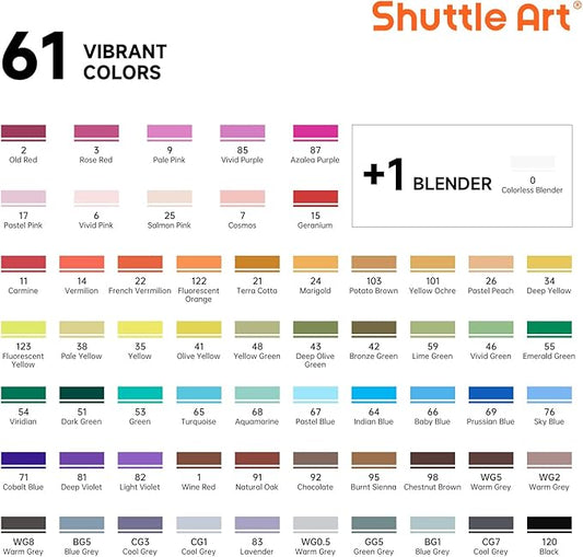 Shuttle Art 61 Colors Alcohol Markers, 60 Colors Dual Tip Art Marker Set Plus 1 Colorless Blender with Marker Case Perfect for Illustration Students Adult Coloring Sketching