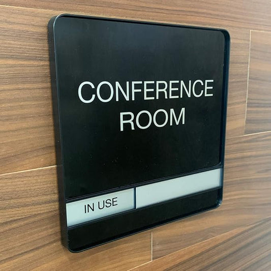 NapTags Conference Room Slider Signs (Black - Black Frame, 8" x 8")