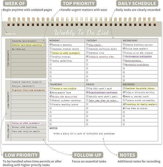104 Pgs Weekly To Do List Notepad, 52 Duplex-Printed Undated Sheets 100 GSM(8.5"×11") Weekly Desk Planner For Work Home School Office Desk Accessories Supplies & Goal Setting Tasks - Beige