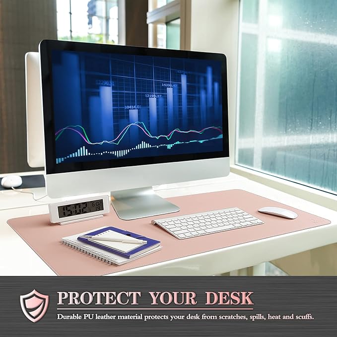 K KNODEL Desk Mat, Blotter, Dual-Sided Office Desk Pad, Waterproof Desk Mat for Desktop, Desk Blotters, PVC Leather Pad Protector (Pink, 35.4" x 17")