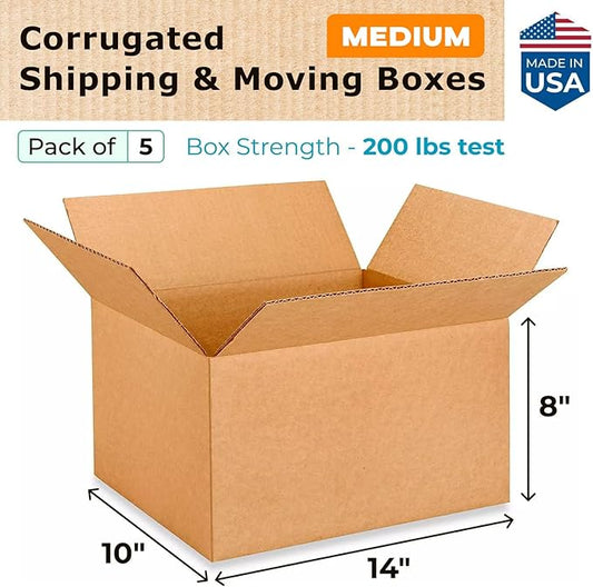 Medium Moving & Shipping Boxes 14 x 10 x 8 inches (5-Pack) - Extra Strength 200 lb vs Regular - Corrugated Packaging Box, Made in USA - Box for Shipping - Cardboard Box by IDL Packaging