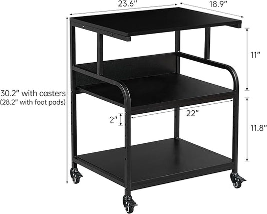 Fannova Printer Stand, 23.6 x18.9 x 30 Inches Large Printer Table with Adjustable Storage Shelf, 3 Tier Rolling Printer Cart with Wheels for Home Office, Stand for Heat Press Mini Fridge, Black