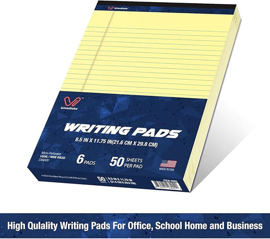 Woodlake Legal Pads 8.5 "x 11" – 6‑Pack, Wide Ruled, Premium Yellow Paper Pad No ink Bleed, Micro‑Perforated Writing Pads,50 Sheets, Letter Size Note pads for School, Office & Home, Made in USA