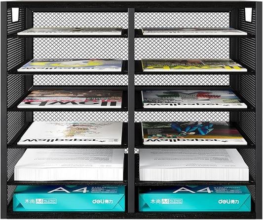 PAG Mass Mail Holder, Adjustable Countertop Literature Organizer, Student Mailbox, Desktop Bill Paper Organizer, 12 Compartments, Black