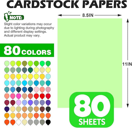 80 Sheets 8.5" X 11" Colored Cardstock, 80 Assorted Colors 180 GSM/65 LB Construction Paper Card Stock Printer Paper for Printing, Card Making, DIY Crafts, Kids School Supplies,Party Decorations