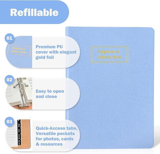 Refillable Address Book with Alphabetical Tabs, Gold Foil Hardcover Phone Book 648 Contacts Book, 48 Passwords Combo Book, Large Print Address Books for Seniors, A5, Blue