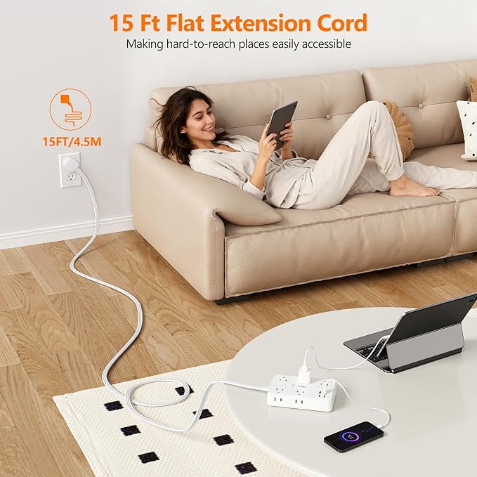 Surge Protector Power Strip 5 FT Flat Extension Cord ,10 AC Outlets & 4 USB Ports(5V/3.4A 17W), 1080J ,Wall Mountable Desktop Charging Station with Flat Plug for Office Supplies and Home, White