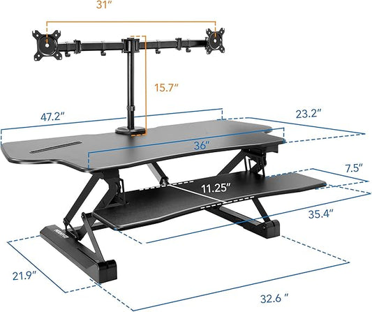Mount-It! Electric Standing Desk Converter with Dual Monitor Arm, Stand Up Desk Riser X-Large 47.2" Wide, Electric Desk Riser with Mount for 2 Screens (Max 32"), Desktop with Keyboard Tray, USB, Black