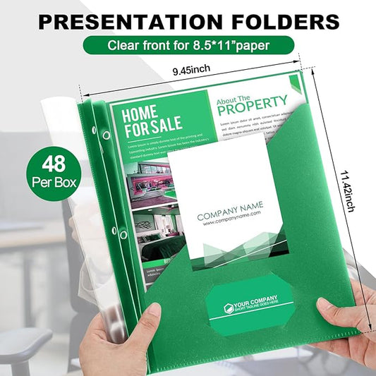 Teling 48 Pcs Clear Front Report Covers with 3 Prongs, Plastic Green Presentation Folders Bulk with 3 Pockets for A4 and Letter Size Paper, 90 Sheet Capacity, Document Covers for School Business