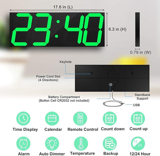 LED Large Digital Wall Clock, Oversize Wall Clock with 6” Numbers, Remote Control Count up/Countdown Timer Clock, Auto Dimmer, Big Calendar and Thermometer(Green)