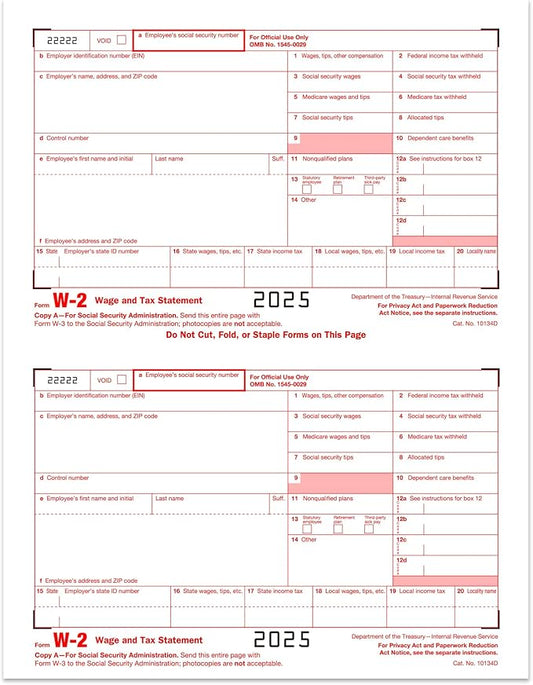 W2 Forms 2025, 6 Part Tax Forms, 25 Employee Kit of Laser Forms Designed for QuickBooks and Accounting Software