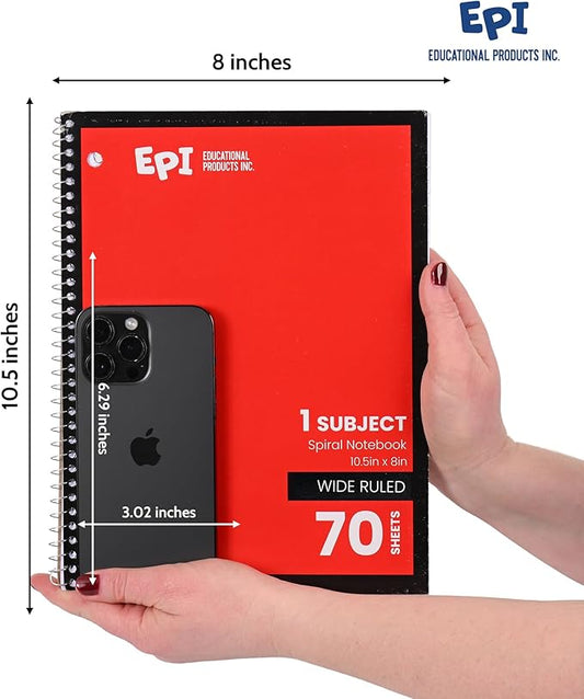 EPI Spiral Notebook | Wide - 70 Sheets, Durable Spiral Binding | 10.5 x 8 in | Classroom Supplies | School, Office, Note Taking, Journaling - 6 Pack