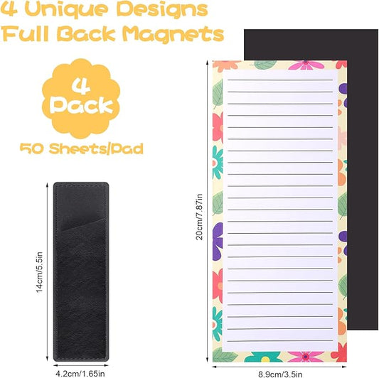 Thboxes 4 Pack Magnetic Note Pad for Fridge with Pen Holder, Totally 200 Sheets Grocery List Magnet Pad for Refrigerator Magnetic Shopping List Pad(Floral Design)