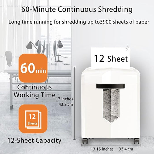 Bonsaii Micro Cut Shredder, Portable with a Convenient Handle, shredding up to 12 Sheets, P-4 Security Level, 60 Min Continuous, CD/Credit Card, Jam-Proof, 4.2 Gal Bin, White/Gray