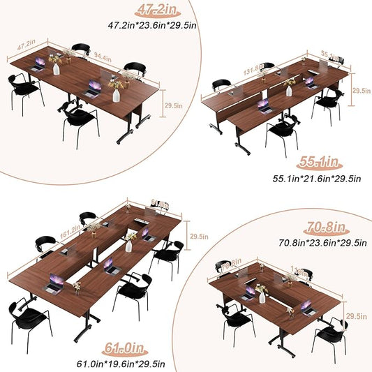 Conference Table Flip Top Mobile Conference Room Tables,Folding Conference Table with Wheels,Large Meeting Training Seminar Table Saving Space for Office Classroom(6D,61'')