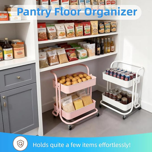 Ufriandz 2 Tier Cart with Wheels Under Desk Storage with Handle, Metal Rolling Pantry Cart for Kitchen White Small Rolling Basket for Laundry Room Bathroom, Utility Shelf Organizer for Small Space